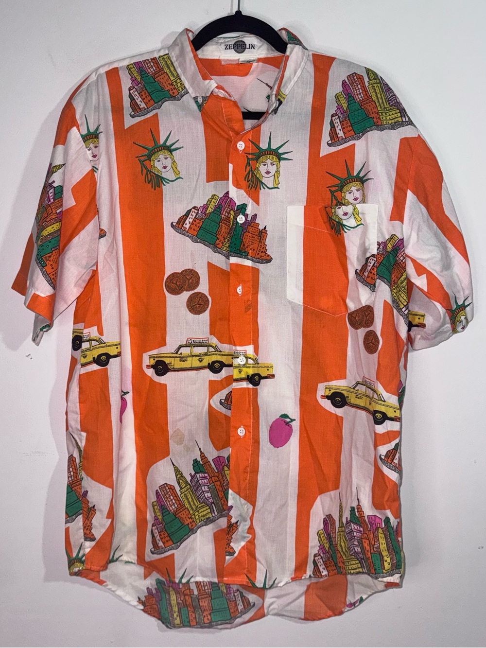 Vintage Zeppelin NYC Novelty Print Shirt XL 90s Orange White Streetwear